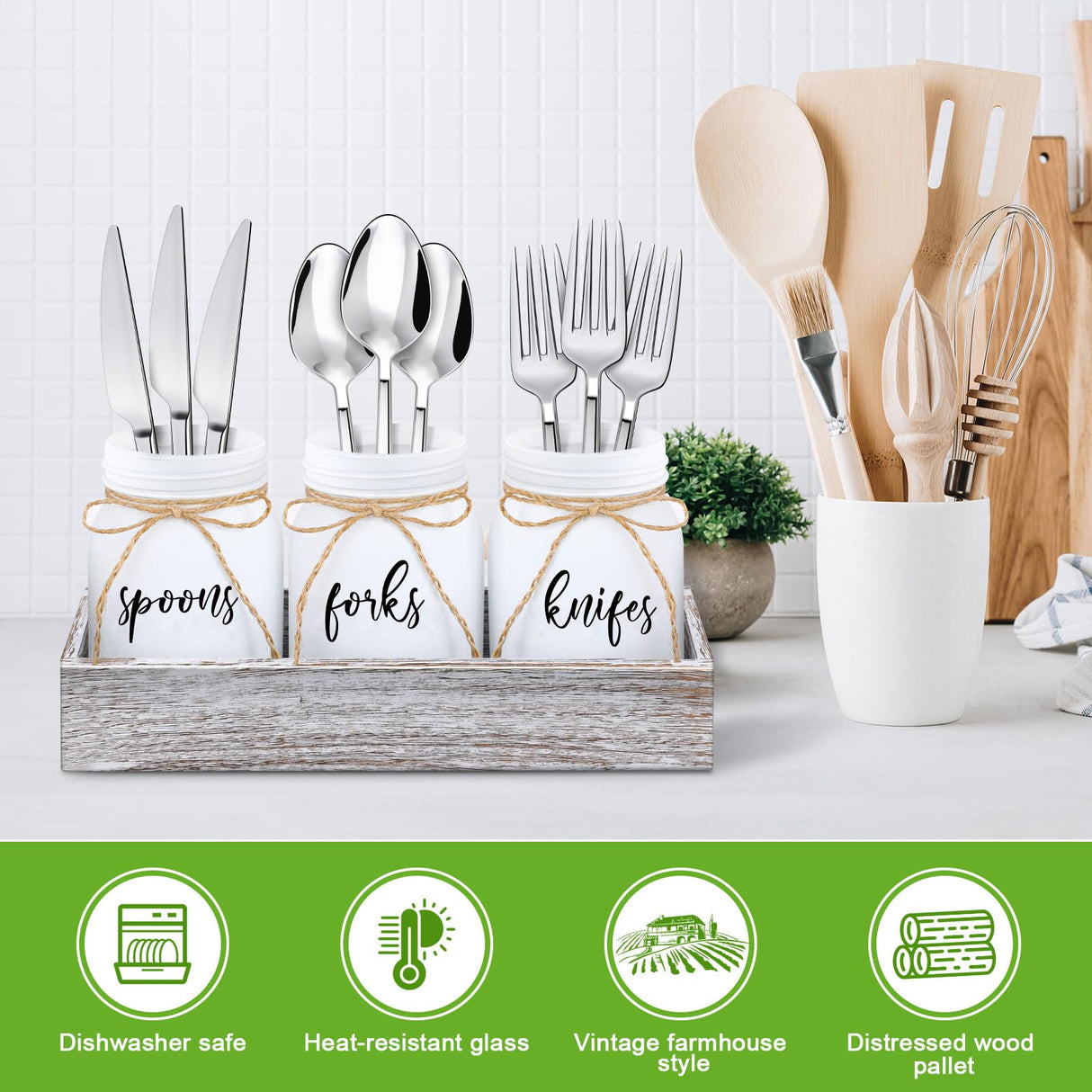 Tiangrid 4 Pcs Silverware Utensil Holder Mason Jar with Wooden Utensil Organizer for Kitchen Countertop Forks Spoons Knives Storage White Farmhouse Kitchen Caddy Glass Cooking Decor for Party Tiangrid