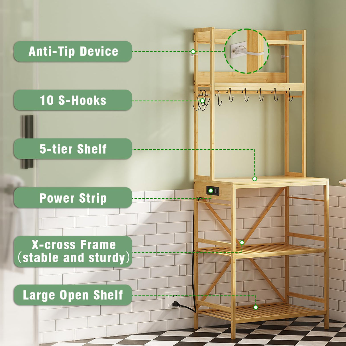 Trironsun Bamboo Bakers Rack with Charging Station 5-Tier Microwave Stand with Open Storage Shelves with 10 S-Shaped Hooks Coffee Bar Table Kitchen Utility Storage Shelf (Nature) Trironsun