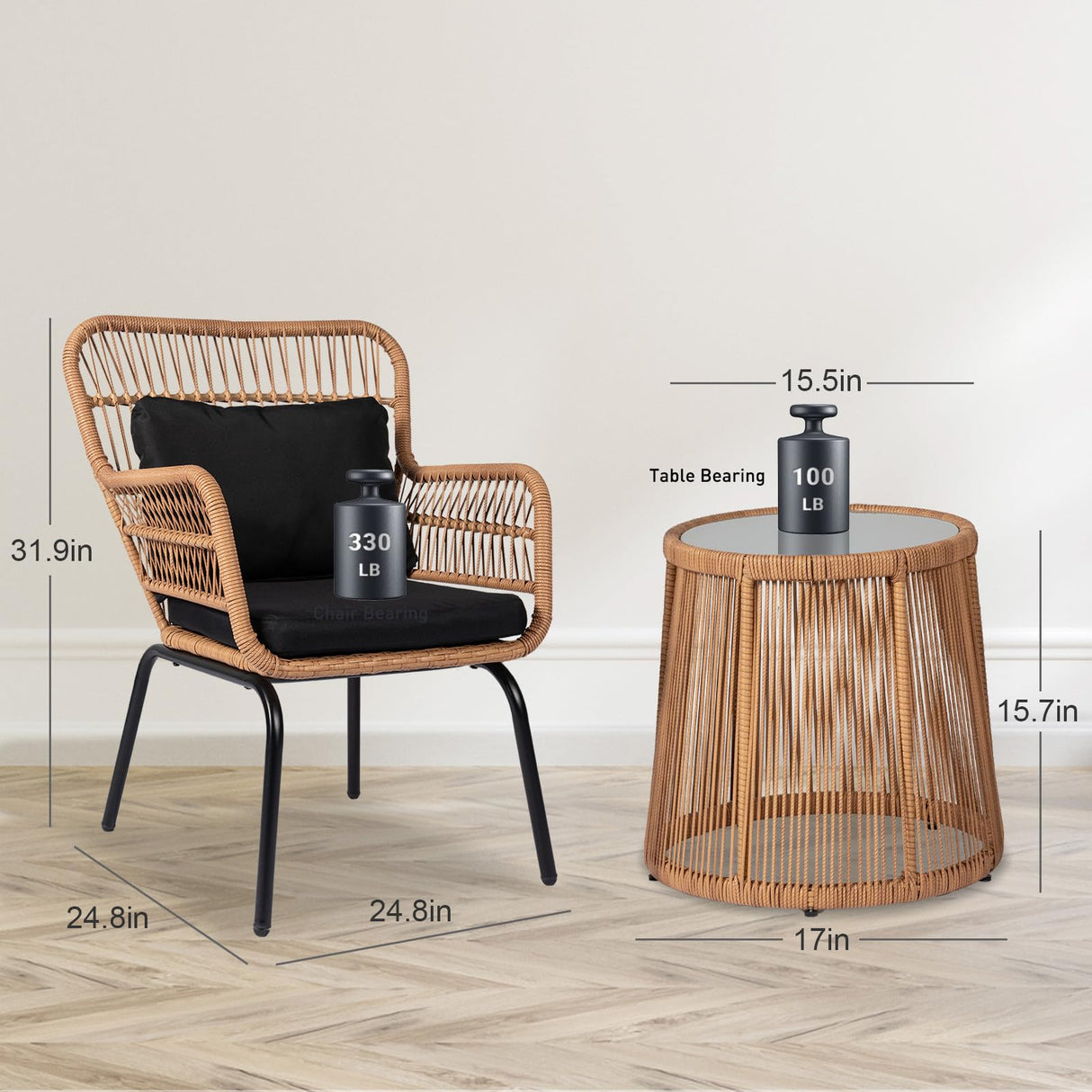 PROHIKER 3 Pieces Outdoor Wicker Bistro Patio Furniture Set, Porch Furniture Rattan Conversation Sets with Side Table and Cushions for Garden Poolside Backyard, Yellow/Black PROHIKER