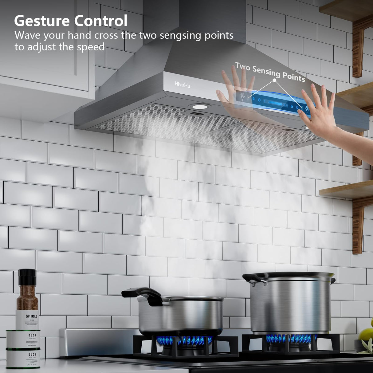 HisoHu Wall Mount Range Hood 30 Inch,Ductless/Ducted Convertible, 780 CFM Kitchen Vent Hood, Stainless Steel Mesh Filters,4 Speed Gesture Sensing&Touch Control Panel, Stainless Steel Kitchen Vent HisoHu