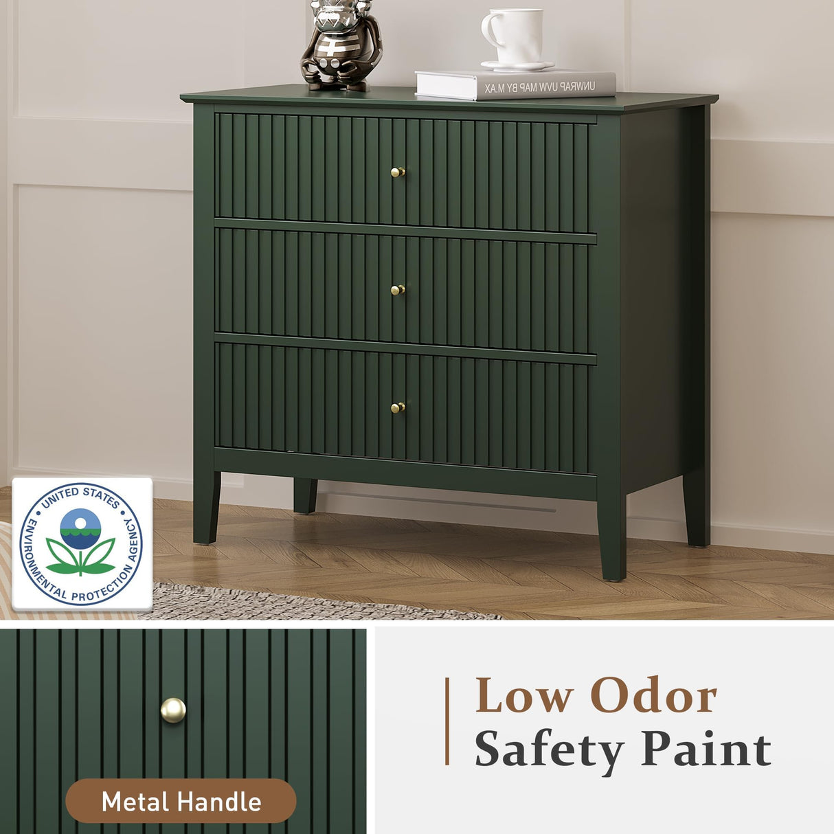 RoyalCraft Dark Green Fluted 3 Drawer Dresser, 32 inch Wide Dresser Nightstand for Bedroom, Modern Wood Chest of Drawers, Large Painted Nightstand with 3 Drawers for Closet, Hallway, Entryway RoyalCraft