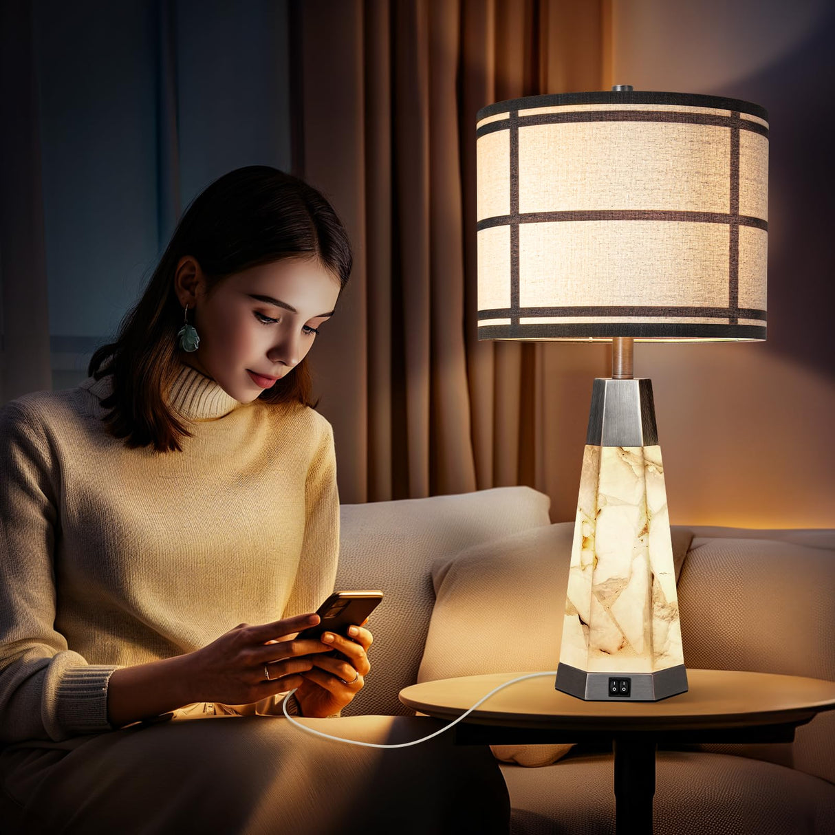KIVDITZO Natural Alabaster Table Lamps Set of 2 for Living Room Rustic Nightstand Lamp with Night Light for Bedroom Bedside Lamp with A+C USB Ports for Home Office Study Room(Bulbs Included) KIVDITZO
