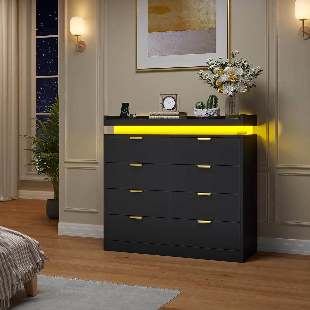knoworld 8 Drawer Dresser for Bedroom, Black Dresser with LED Lights and Power Outlet, Large Wooden Dressers Modern Chest of Drawers, Double Wide 9 Drawer Dressers for Bedroom, Entryway, Hallway knoworld