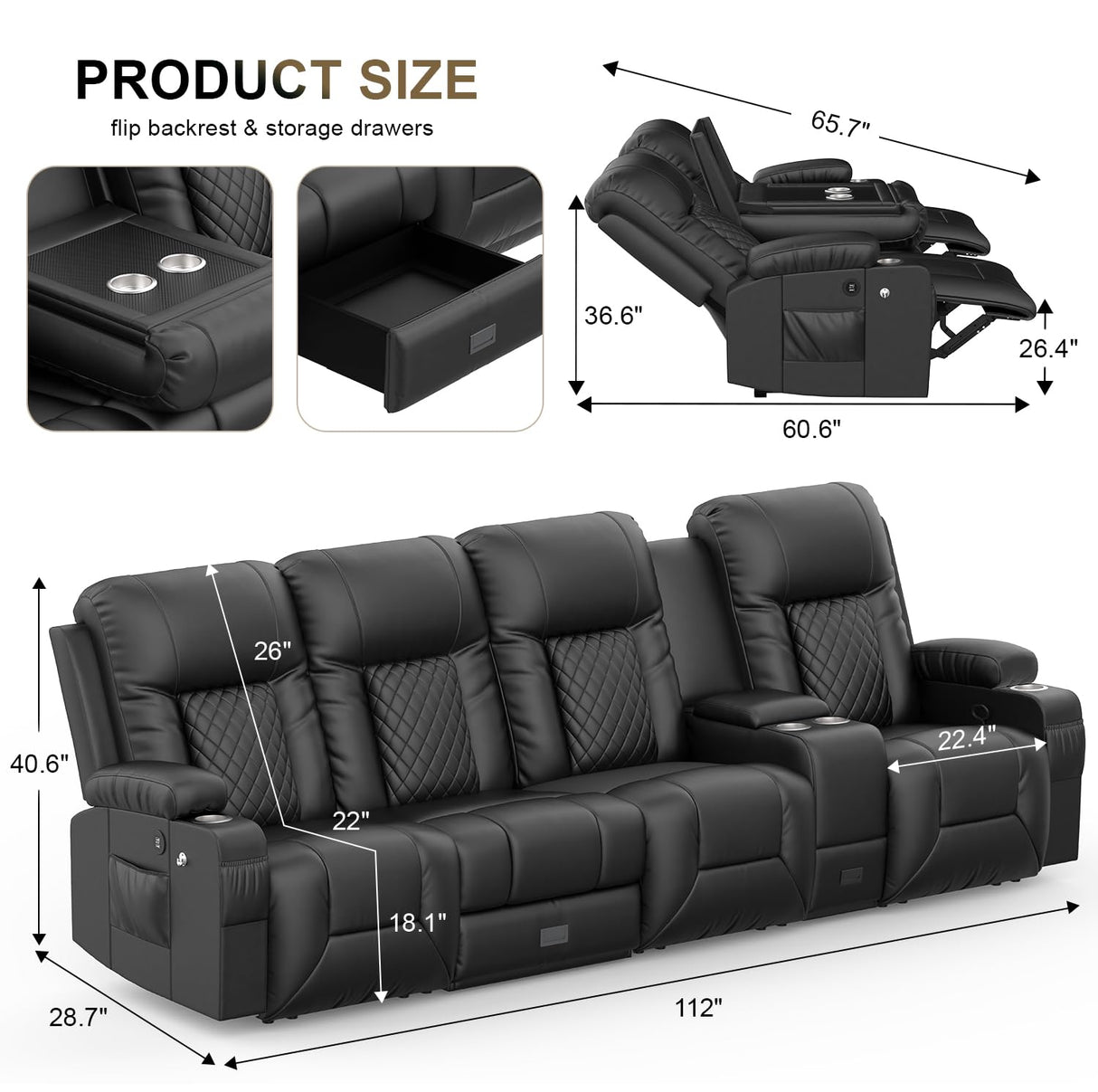 YONISEE 4 Seat Recliner Sofa with Flip Backrest Design, Loveseat Reclining Sofa with Storage Console, Drawer, USB Ports, 2 Cell Phone Holder, Loveseat Recliner Couch for Living Room (Black) YONISEE