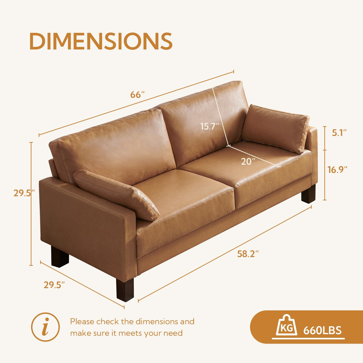 Atopston 66'' Faux Leather Couch, Small Sofa with Thick Cushion and Wooden Legs, for Compact Apartment loft and Office, Tan Atopston