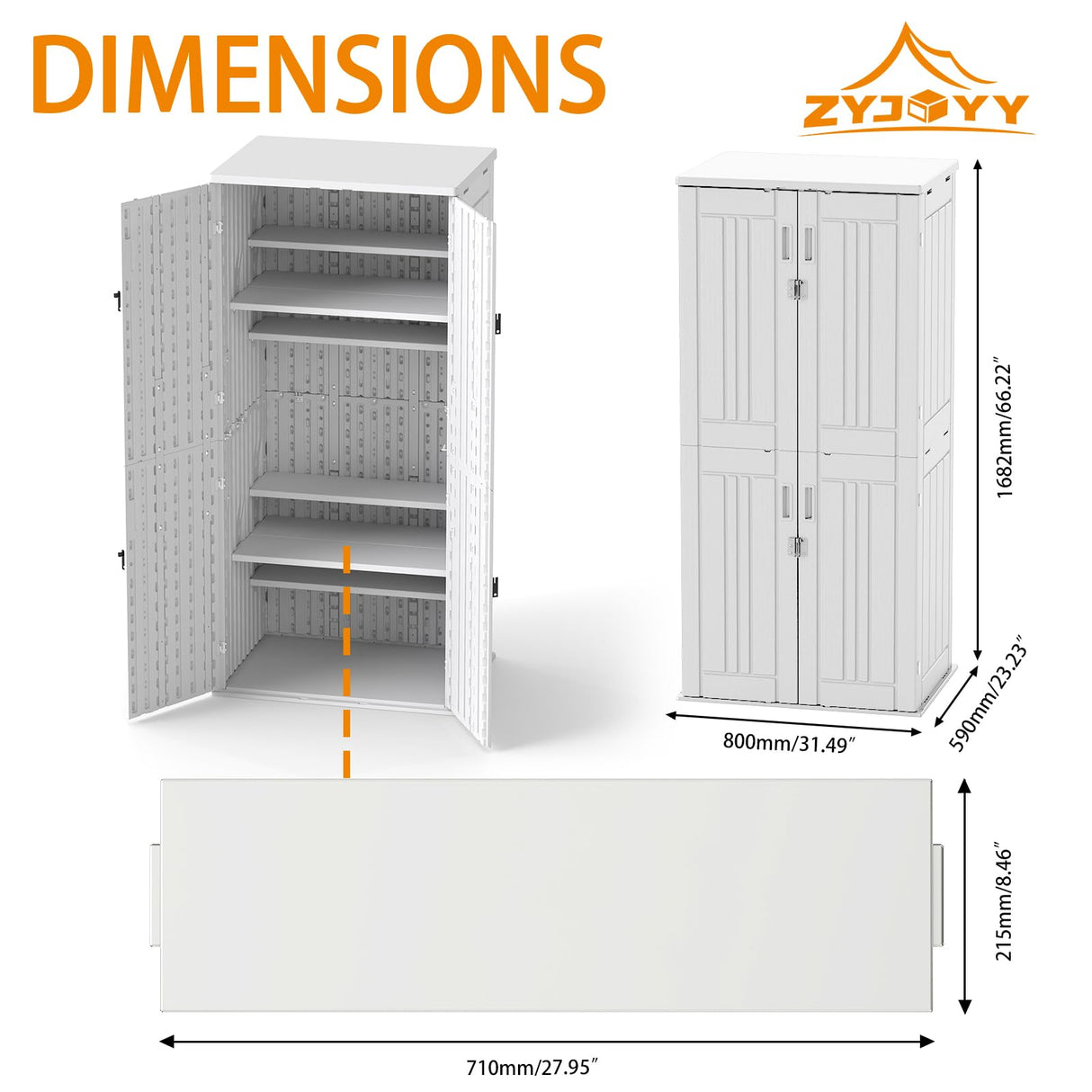 Outdoor Storage Cabinet with 4 Shelves,31.5" x 23.23" x 66.22" White Waterproof Shed,Waterproof Resin Vertical Tool Shed, Lockable 30 cu.ft. Storage Shed for Patio, Garden, Yard, White ZYJOYY