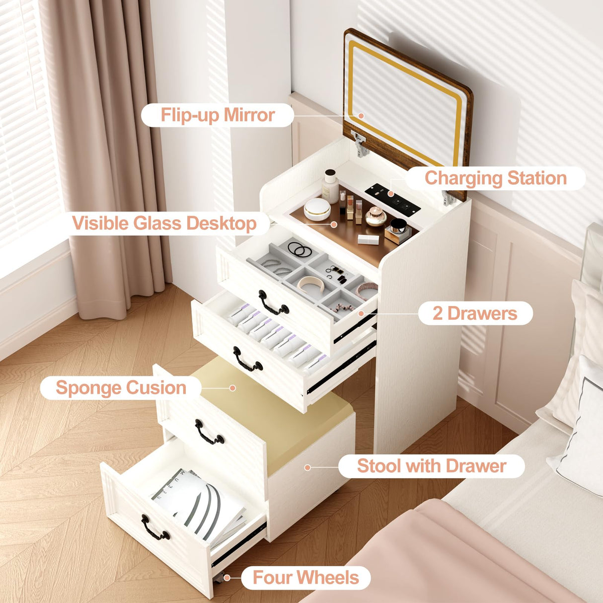 Trygoal 3 in 1 Compact Vanity, Small Dresser Desk with Flip-Top Mirror & Hidden Stool, Farmhouse Vanity Desk with USB Charging Station & 3-Color Lighting, Nightstand with Visible Glass Desktop, White Trygoal