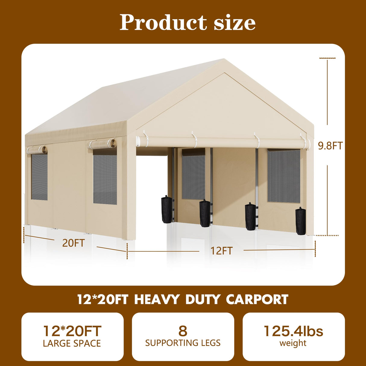 Walsunny Carport, 12x20 ft Heavy Duty Carport Canopy with Roll-up Windows, Portable Garage with Removable Sidewalls & Doors, Car Canopy with All-Season Tarp for Car, Truck, Boat Walsunny