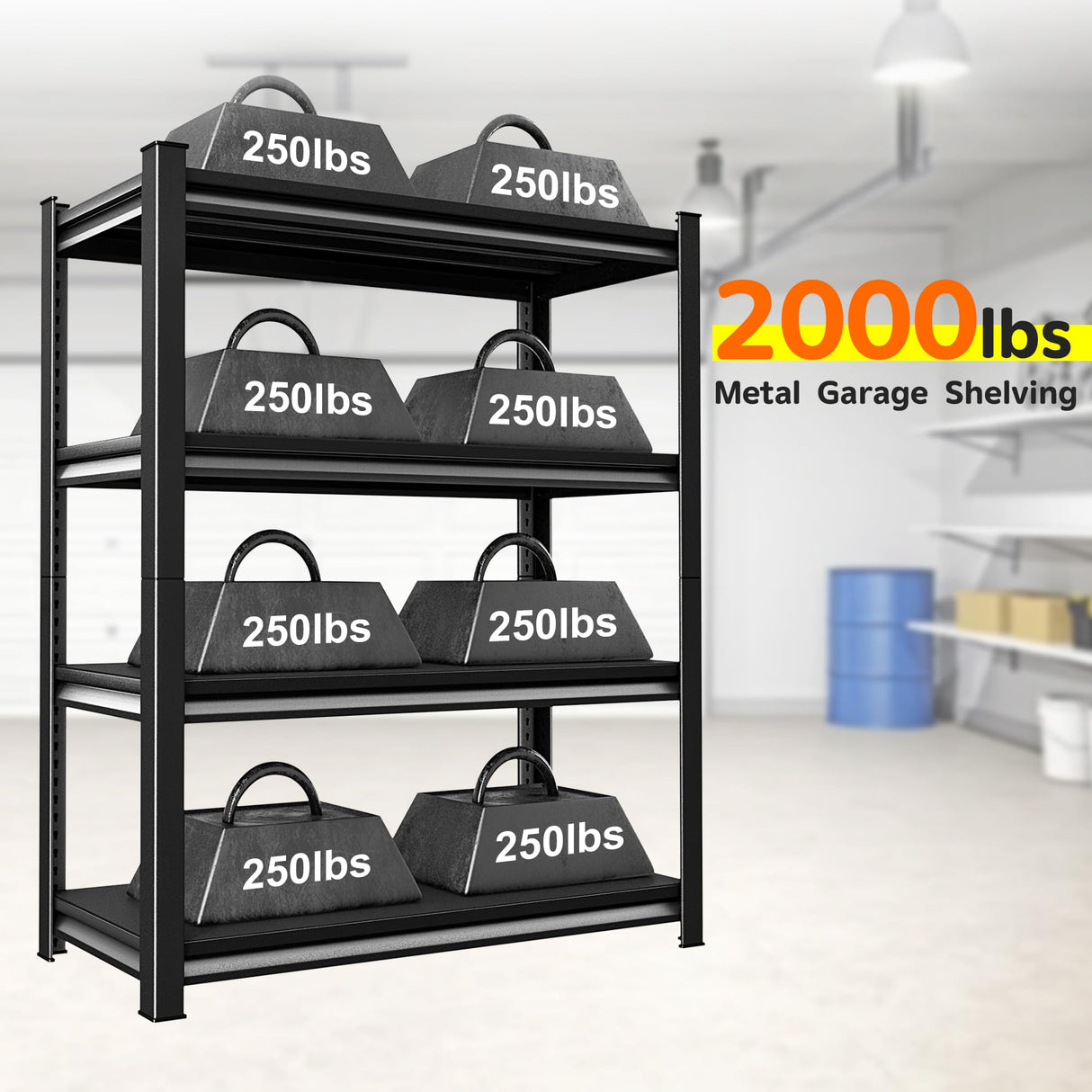 SUPPNEED Adjustable Garage Shelving Heavy Duty 2000LBS Loads, 48”W Large Shelving Units and Storage,48”W×16”D×72”W Garage Storage Shelves,4-Tier Shelving Unit for Warehouses,Kitchen(Black) SUPPNEED