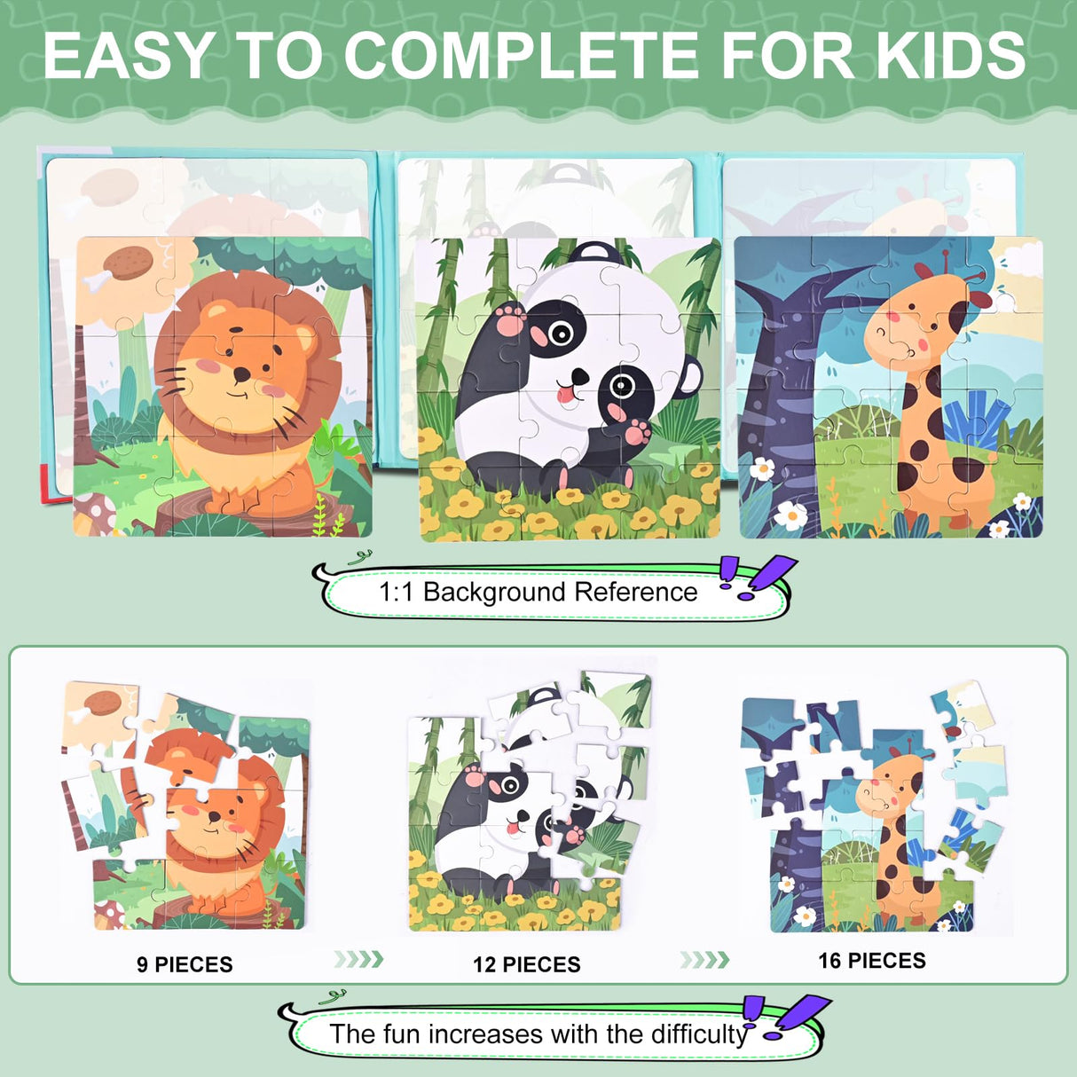 Kids Magnetic Puzzles Toddler Travel Toys Gifts for Kids, 3 in 1 Jigsaw Puzzle 37 Pieces Book,Gifts for Birthday, Thanksgiving, Christamas, Girls and Boys Age 3 4 5 6-Animal Theme Montessori KFOSO