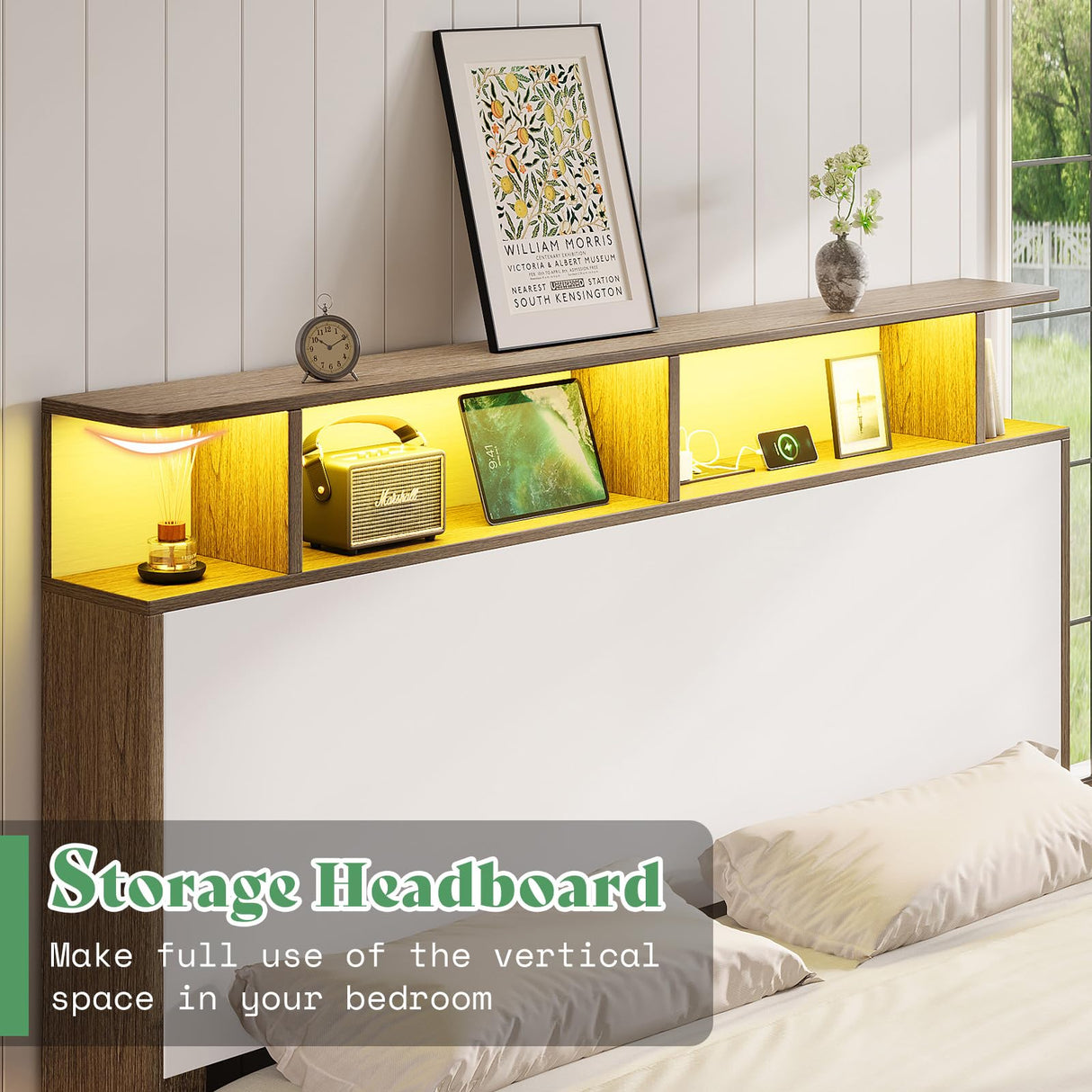 AMERLIFE Queen Size Bed Frame with 49.2" Tall Bookcase Headboard and LED Light, Rustic Platform Bed with Charging Station and 4 Storage Drawers, No Box Spring Needed, Rustic Brown AMERLIFE