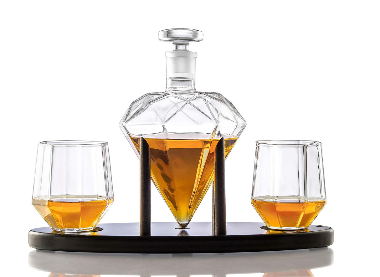 Whiskey Decanter Diamond shaped With 2 Diamond Glasses & Mahogany Wooden Holder – Elegant Handcrafted Crafted Glass Decanter For Liquor, Scotch, Rum, Bourbon, Vodka, Tequila – Great Gift Idea – 750ml RUGLUSH