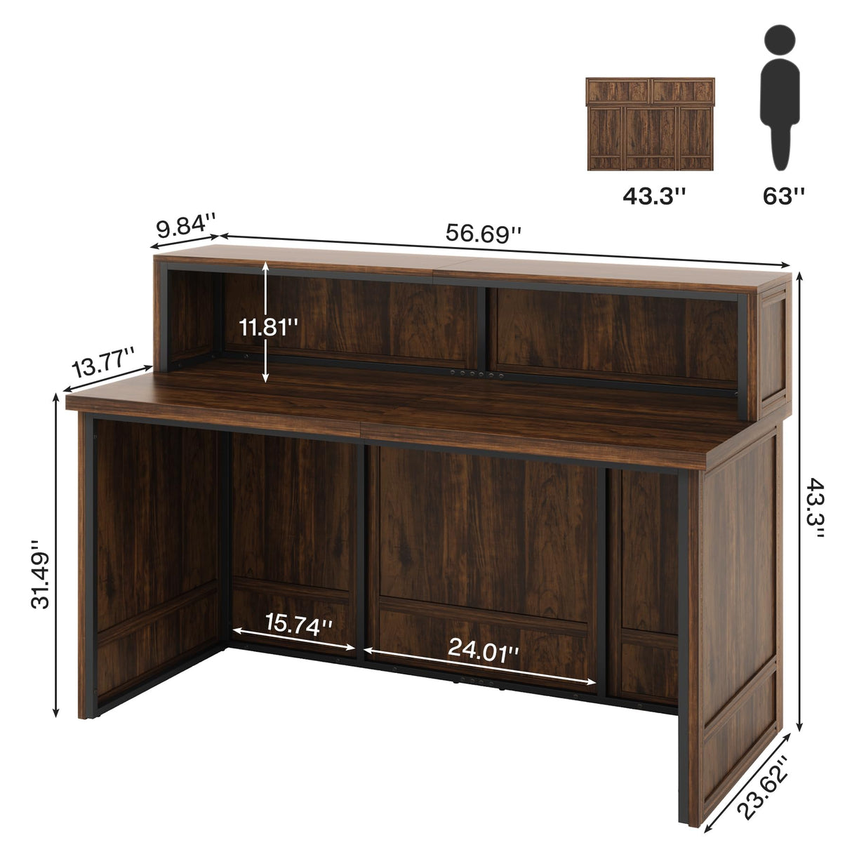 Tribesigns Reception Desk with Counter, 57-Inch Rustic Front Receptionist Table, Boho Welcome Desk Checkout Counter for Office, Retail, Lobby, Beauty Salon (Brown) Tribesigns