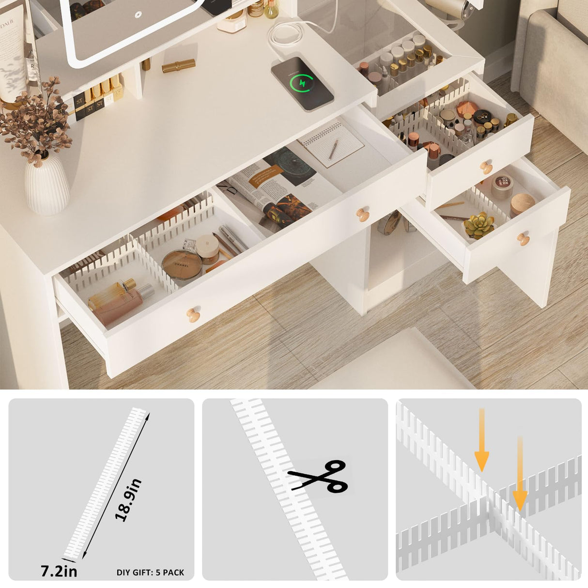 Vanity Desk with Mirror, Lights and Charging Station, 3-Drawer Glass Top Vanity Table with Jewelry Cabinet, 42.8 inch Halitaa