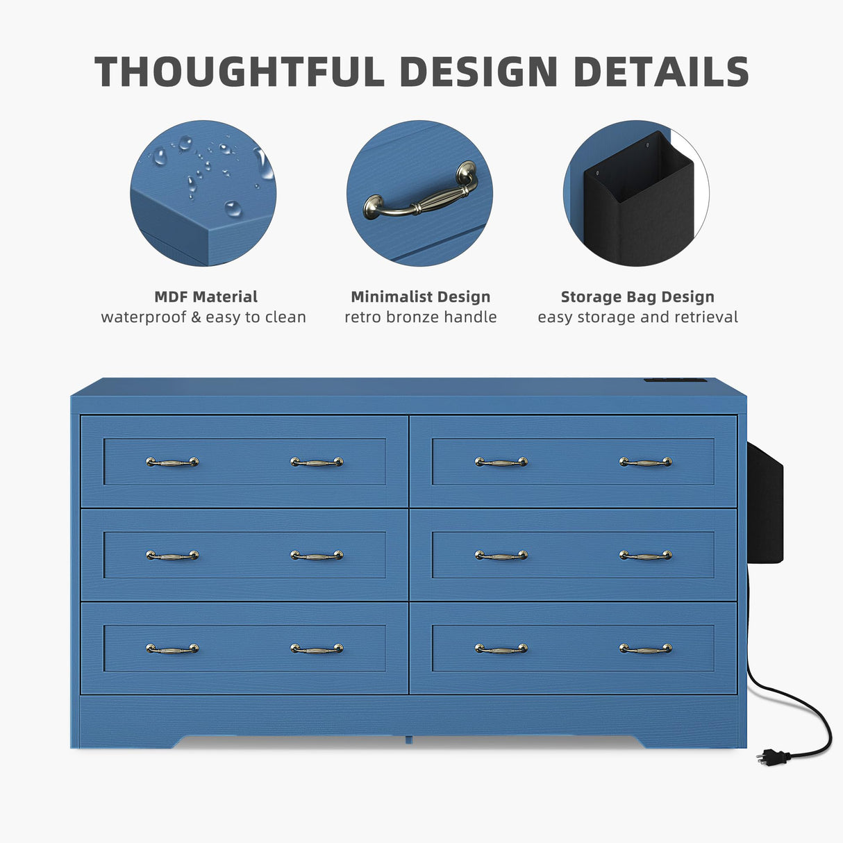 DWVO Farmhouse 6 Drawer Dresser for Bedroom, 31.5 Inch Tall Modern Dresser TV Stand with Large Drawers & Bar Handles, Storage Dressers with Power Outlets, Rustic Wood Chest of Drawers, Blue DWVO