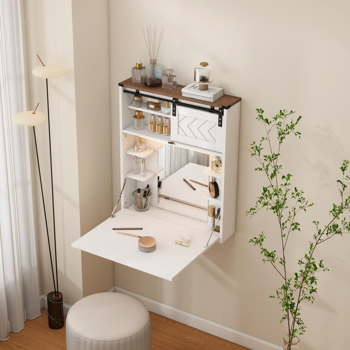 ARTETHYS Floating Vanity Desk with Mirror and Lights Small Wall Mounted Makeup Set with Storage White Farmhouse Dressing Table for Tiny Space ARTETHYS