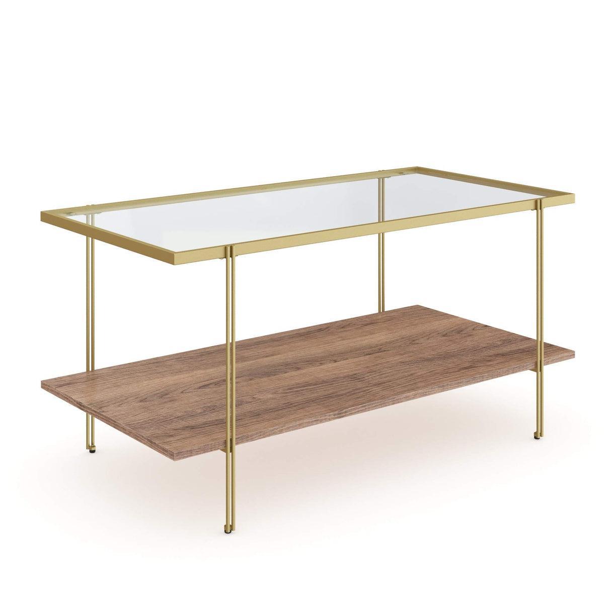 Nathan James Asher Mid-Century Rectangle Coffee Table Glass Top and Rustic Oak Storage Shelf with Sleek Brass Metal Legs, Gold Nathan James