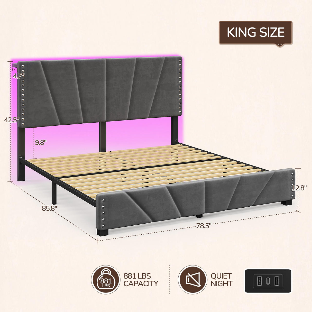 EnHomee King Size Bed Frame with Velvet Headboard and LED Lights, Storage Headboard Platform Bed with Charging Station, Sturdy Wooden Slats Support,Noise-Free,Easy Assembly, Dark Gray EnHomee