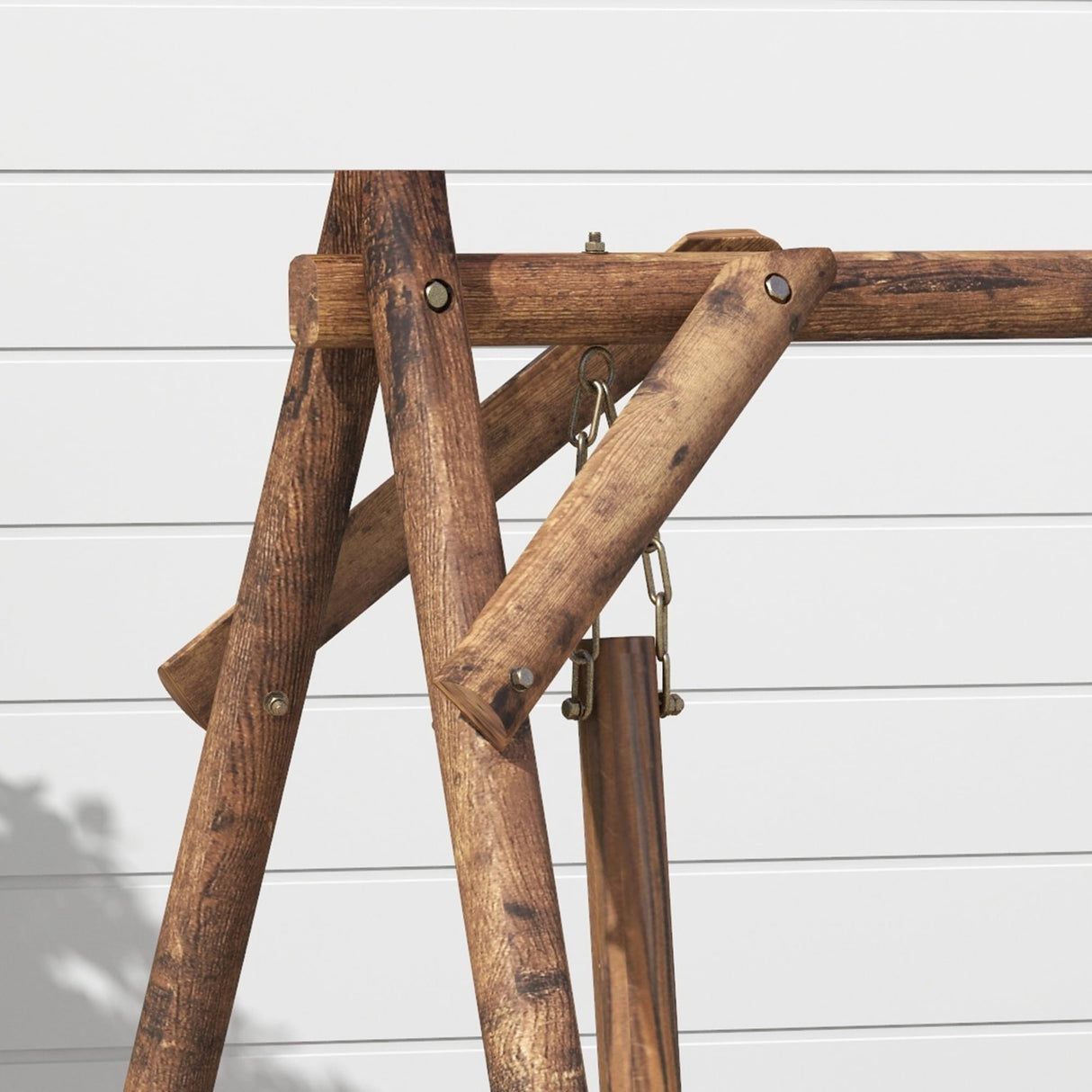 Outsunny 2-Seat Porch Swing with A-Frame Stand, Wooden Log Patio Swing Chair Bench with Wagon Shaped Armrests for Garden, Poolside, Backyard, Carbonized Brown Outsunny