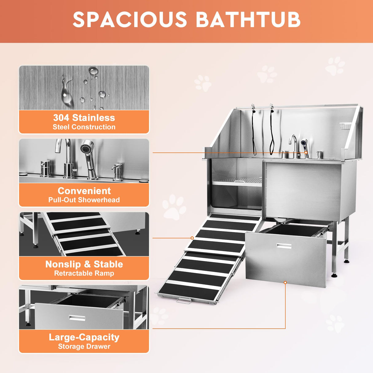 CO-Z Professional Dog Bathing Station, 50 in. Dog Grooming Tub with Nonskid Retractable Ramp for Large Dogs, Stainless Steel Dog Washing Station with Swivel Faucet Pull Out Showerhead Storage Drawer CO-Z