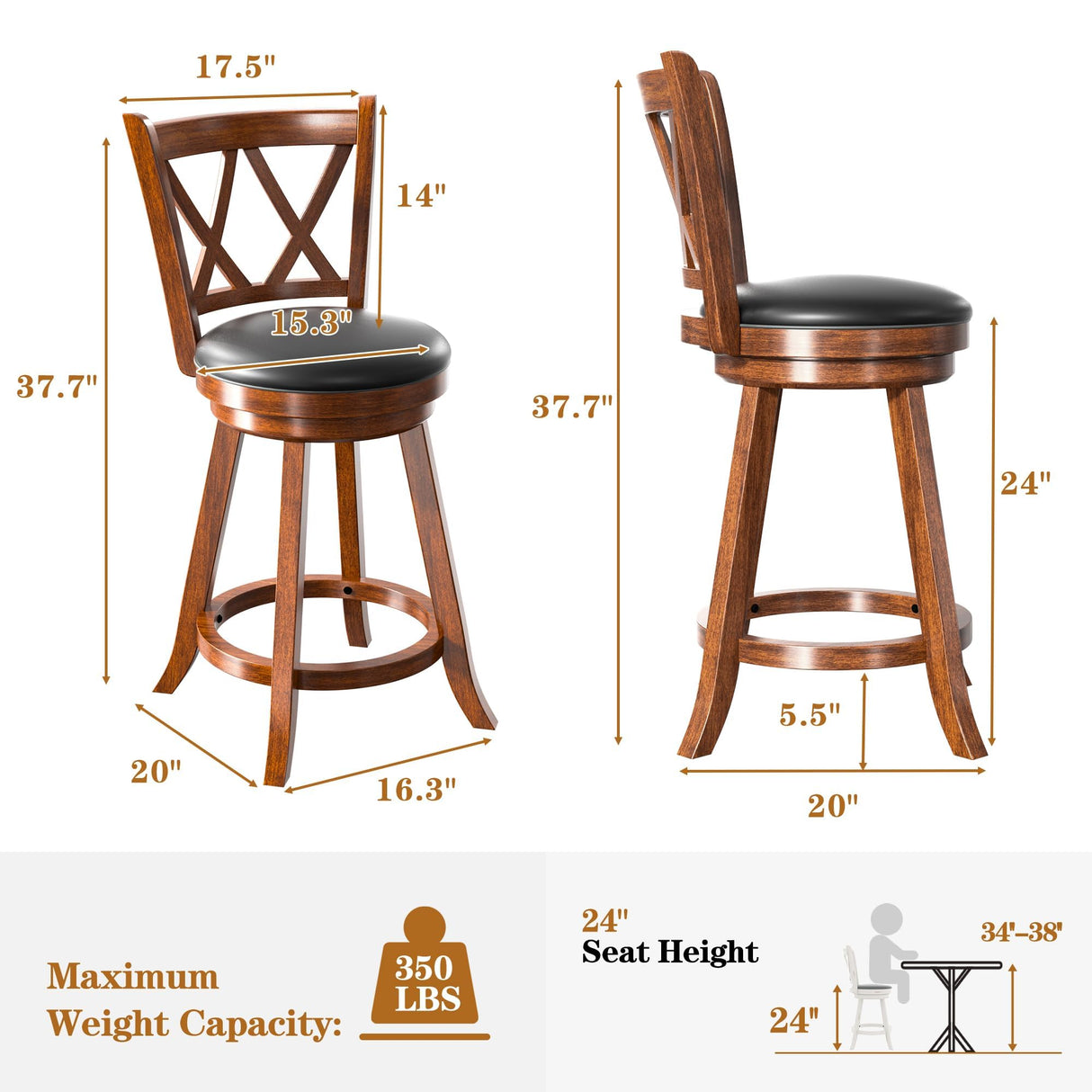 24" Counter Height Swivel Bar Stools - High Back Swivel Counter Stools with Upholstered Seat & Solid Wood Footrest, Counter Bar Chairs for Kitchen Island & Pub (Brown, Set of 2) Betterhood