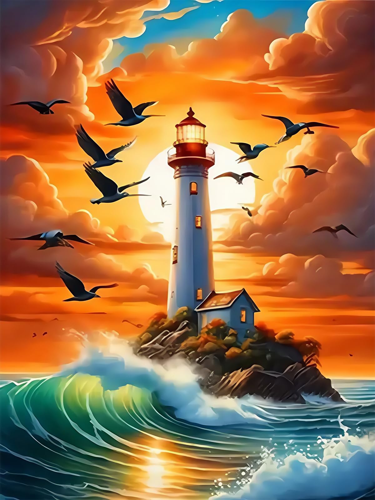 CHWGLFGG 5D Diamond Art Kits for Adults Beginners, Sunset Lighthouse Landscape Diamond Painting Kits, DIY Full Round Drill Paint by Diamonds Dot Gem Art for Adults, Home Wall Decor 12x16 Inch CHWGLFGG