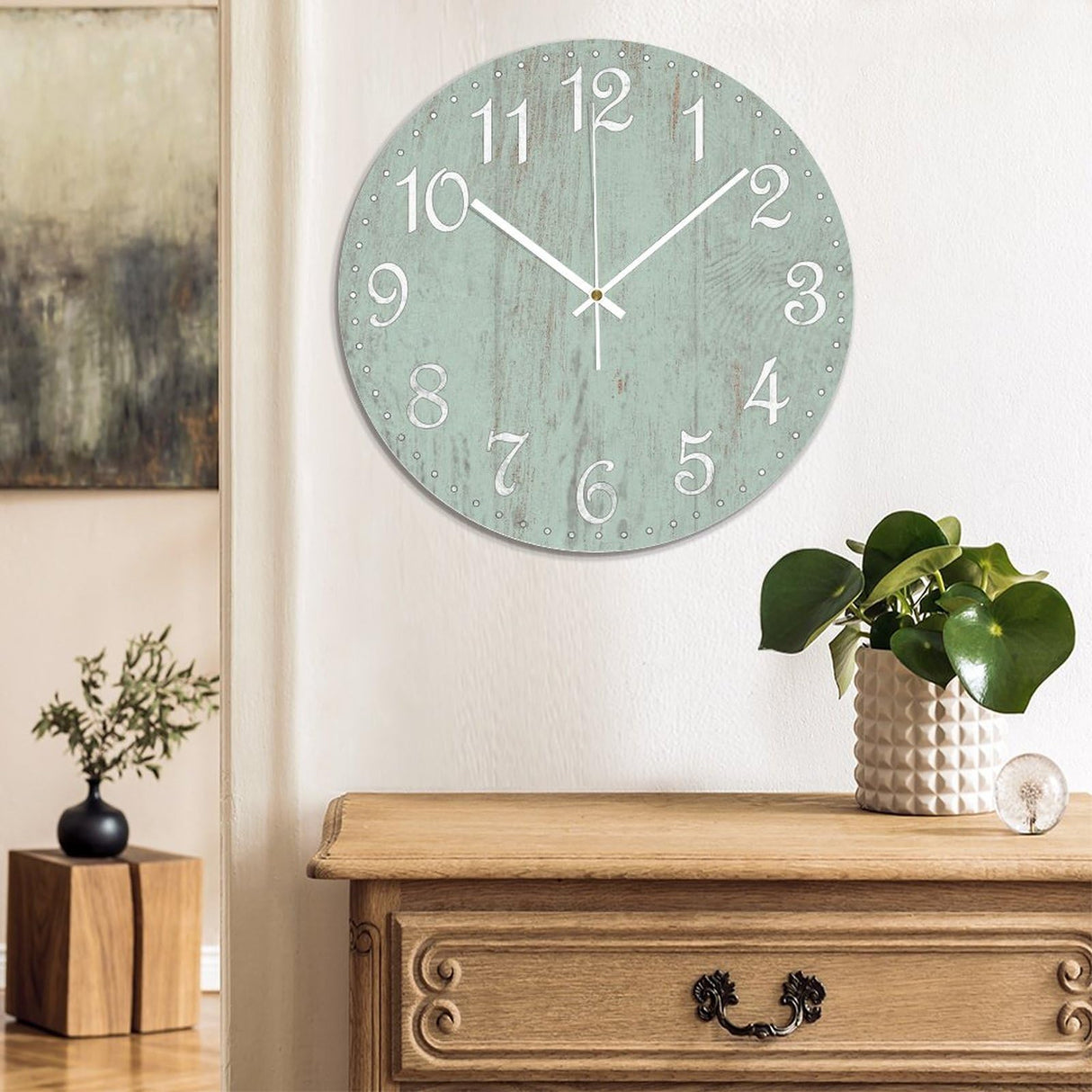 COCOKEN Wall Clock Silent Non Ticking Wooden Clocks Seafoam Green Clock Battery Operated 15in, Round Farmhouse Clock, Rustic Clocks Decor for Home Kitchen Office COCOKEN