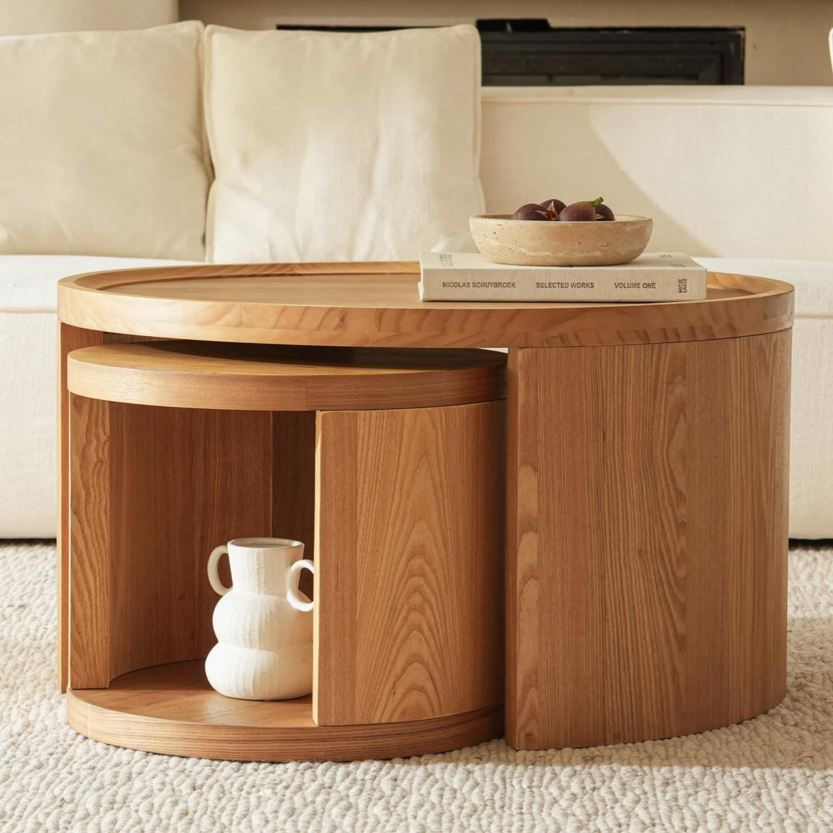FAME HOME Round Nesting Coffee Table Set of 2,31.5" Large & 18" Small Low Tables with Wood Look Top,Space-Saving Side Tables for Living Room,Bedroom,Office,Minimalist Center Table Set (Brown, L+S) FAME HOME