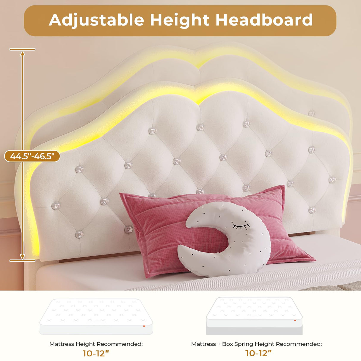 ADORNEVE Twin Size LED Bed Frame with Storage Drawer, Girls Twin Bed Frame with Adjustable Crystal Button Headboard, Velvet Princess Platform Bed for Girls, Solid Wooden Slats,Creamy White ADORNEVE