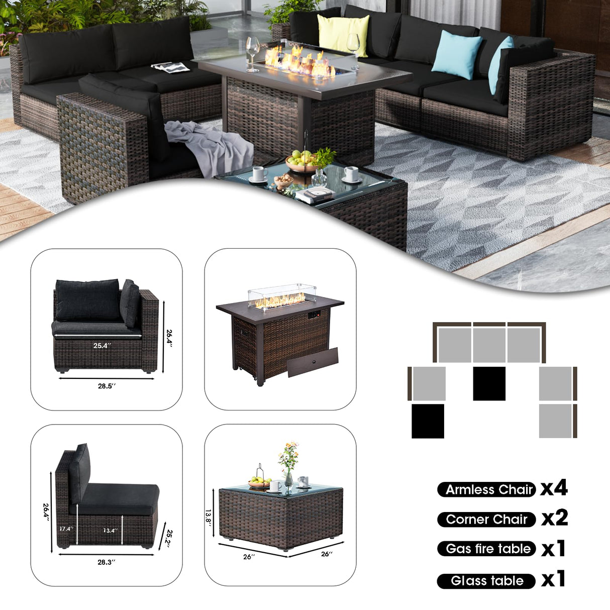 GREZJXC 8 Pieces Outdoor Sectional Patio Furniture Set with Fire Pit Table,PE Rattan Wicker Patio Sectional Conversation Set with Cushions and Glass Coffee Table Black GREZJXC
