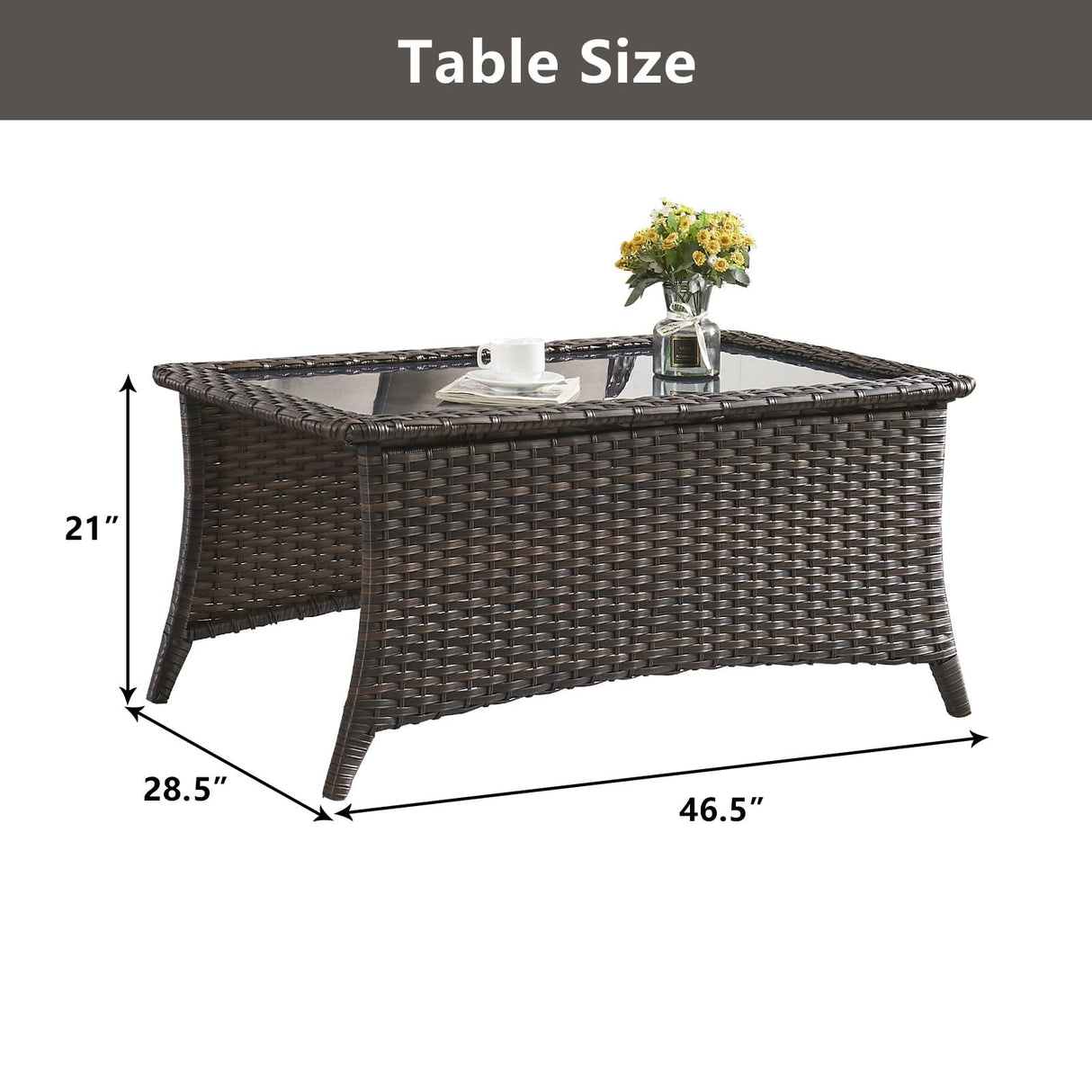 Belord Outdoor Coffee Table with Tempered Glass Top, Patio Rectangular Brown Wicker, Handwoven Rattan Coffee Table Compatible with Patio Furniture Sets for Porch Deck Backyard Belord