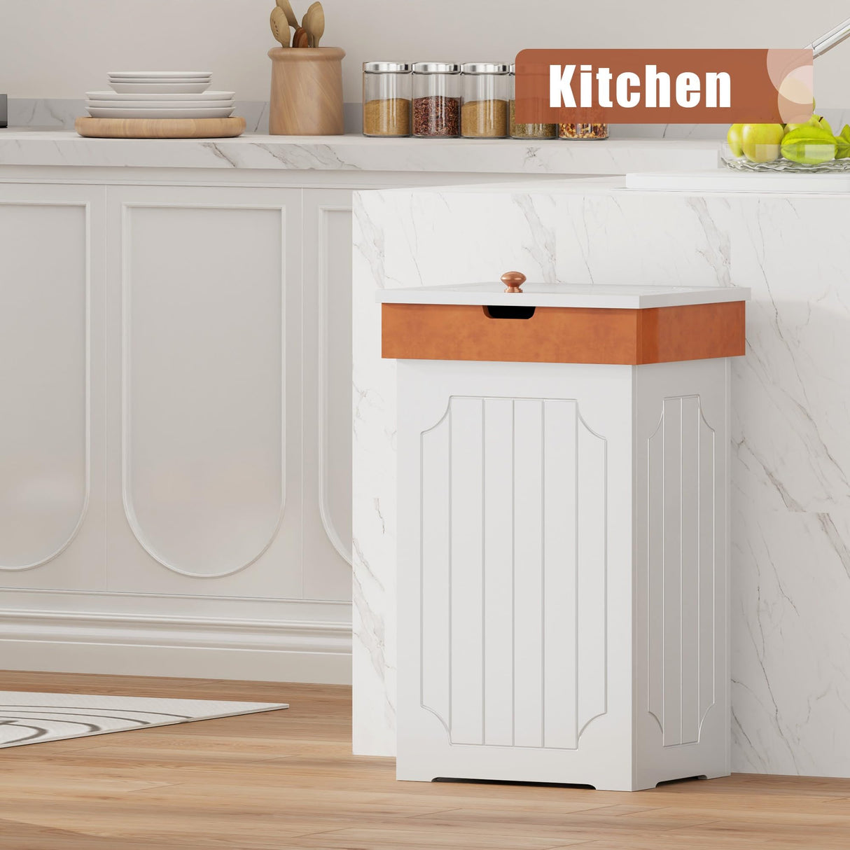 Function Home Trash Can Cabinet, 13 Gallon Kitchen Garbage Can, Wooden Recycling Trash Bin, Dog Proof Trash Can, Trash Cabinet with Lid for Home Kitchen Bathroom, White Function Home