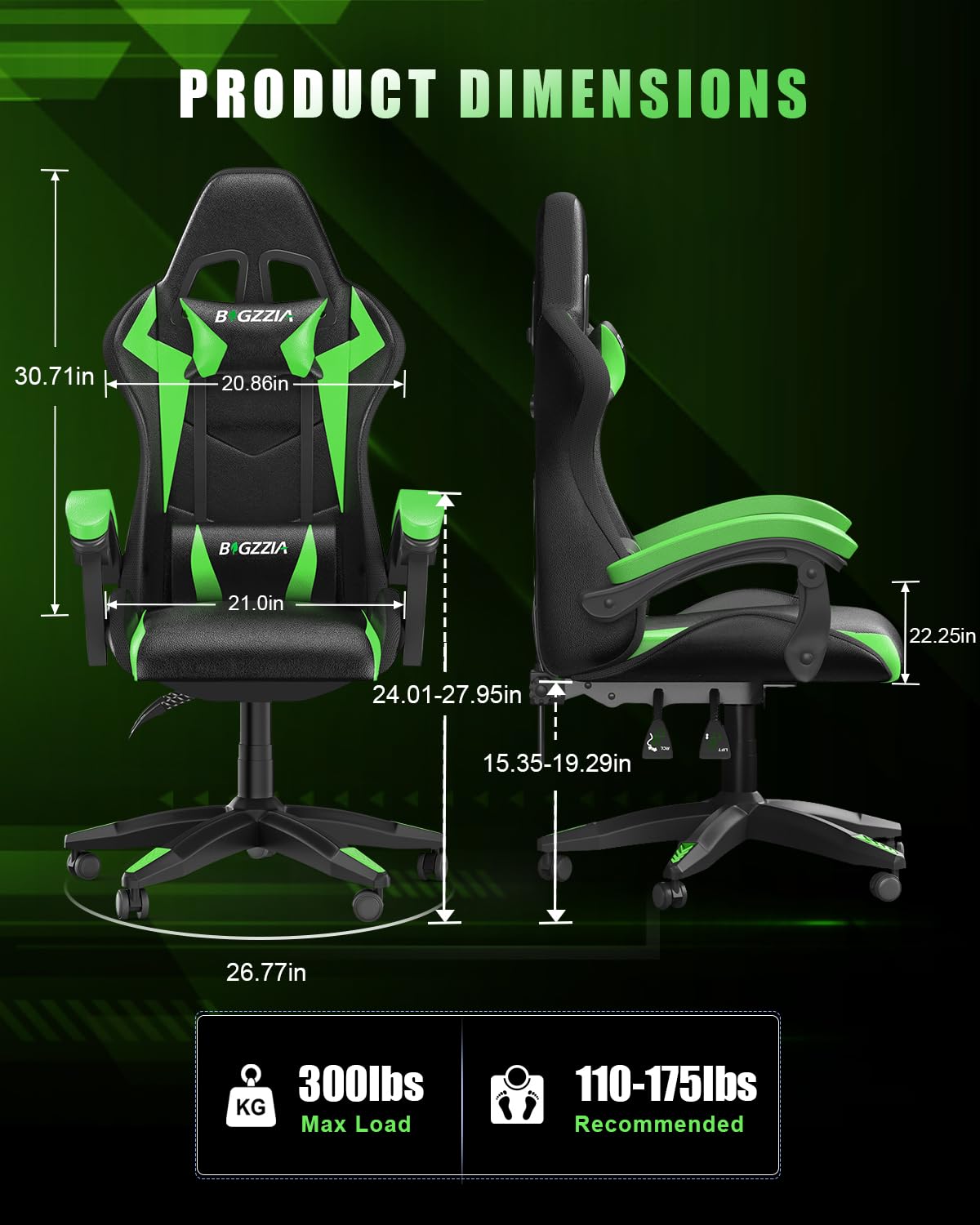 Bigzzia RGB Gaming Chair with LED Lights and Ergonomic Computer Chair Reclining PU Leather High Back Video Game Chair with Headrest Adjustable Lumbar Support Linkage Armrest for Adults (Black/Green) Bigzzia