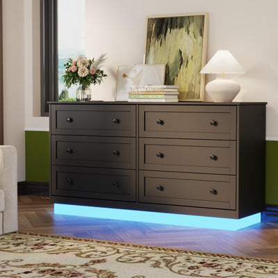 Gyfimoie 6 Drawer Dresser with Power Outlet and LED Light, Modern Floating Storage Dresser for Bedroom, Living Room