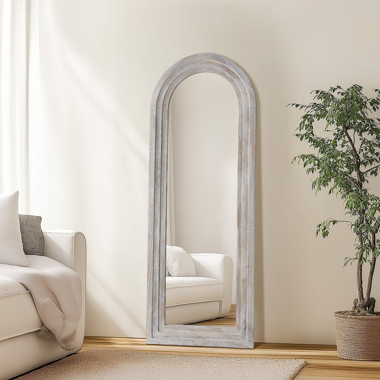 MELOMOIR Arched Full Length Mirror with Solid Wood Frame, 56"x21" Rustic Farmhouse Floor Mirror with Stand, Free Standing Leaning Hanging, for Bedroom Living Room Dressing Room, Distressed White MELOMOIR