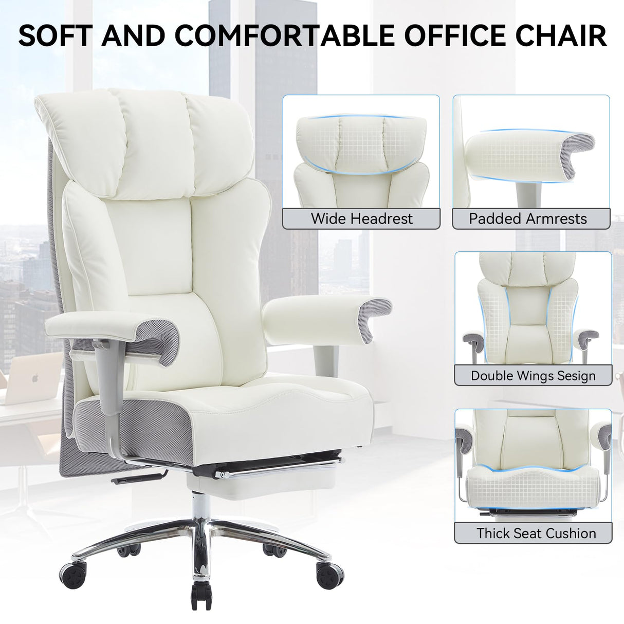 Efomao Big and Tall Office Chair 450lbs, Ergonomic Office Chair, Executive Office Chair for Heavy People, Computer Chair with Foot Rest, High Back Office Chair, PU Leather White Office Chair Efomao