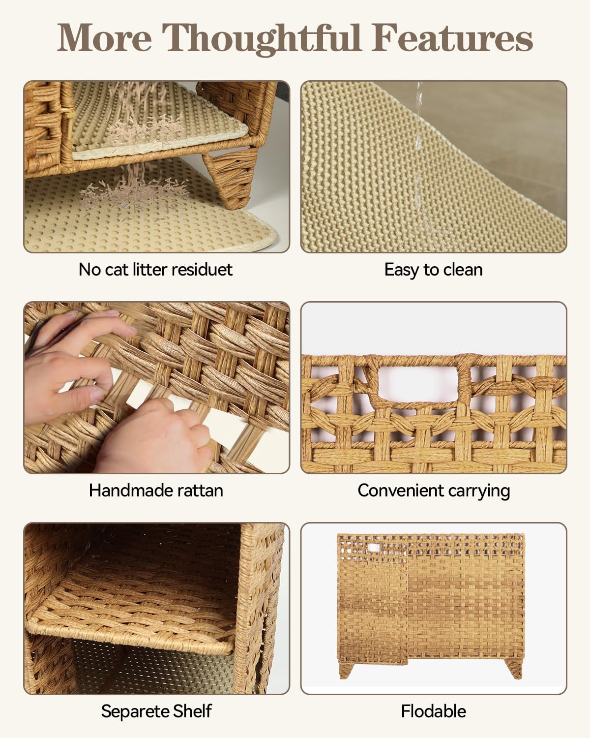 Forotone Cat Litter Box Enclosure, Hidden Cat Washroom Furniture with Litter Mat, Rattan Indoor Large Pet House with Door, for Living Room, Bedroom, Balcony Forotone