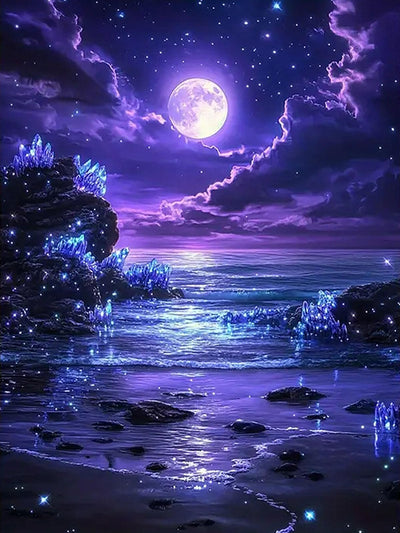 5D Purple Moonlight Beach Diamond Art Kits for Adults,Full Round Drill Diamond Painting Kits for Beginners Full Moon Seaside ,DIY Gem Art and Crafts Paint by Diamonds Crystal,Home Wall Decor 12X16Inch