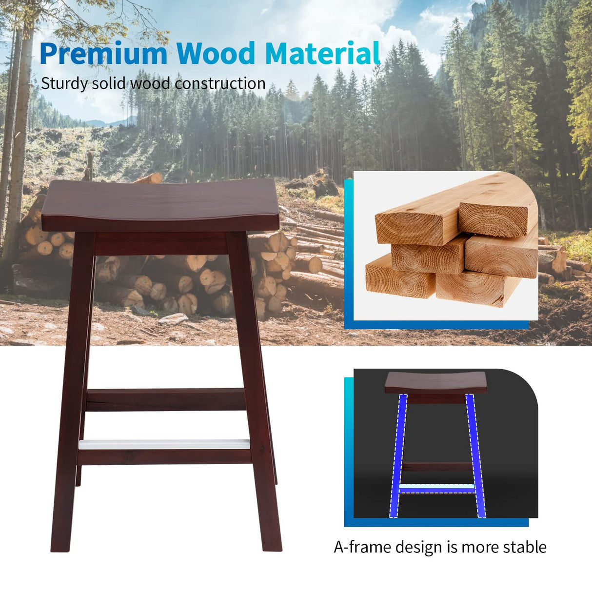 PayLessHere Bar Stools Set of 2 for Kitchen Counter Solid Wooden Saddle Stools 24-Inch Height Home Furniture Barstool, Brown PayLessHere