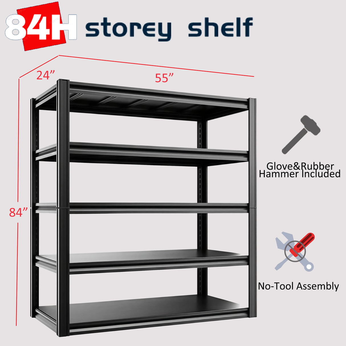 LI JIU HOME 5-Tier 55" W x 24" D x 84" H Garage Shelving 3000LBS Storage Shelves Heavy Duty Metal Shelf Unit Adjustable Basement Industrial Storage Racks LI JIU HOME