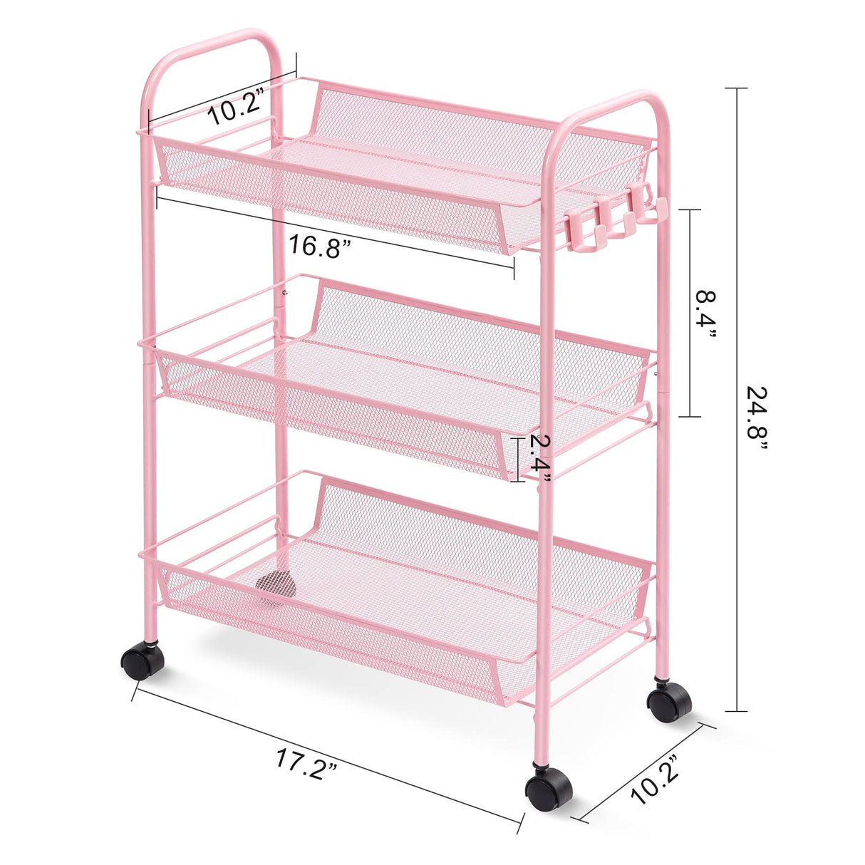 TOOLF 3-Tier Metal Rolling Cart, Mesh Wire Easy Assemble Utility Cart, Storage Trolley on Wheels with 3 Hooks, MetalStorage Shelving Units for Kitchen Bathroom Laundry Room TOOLF