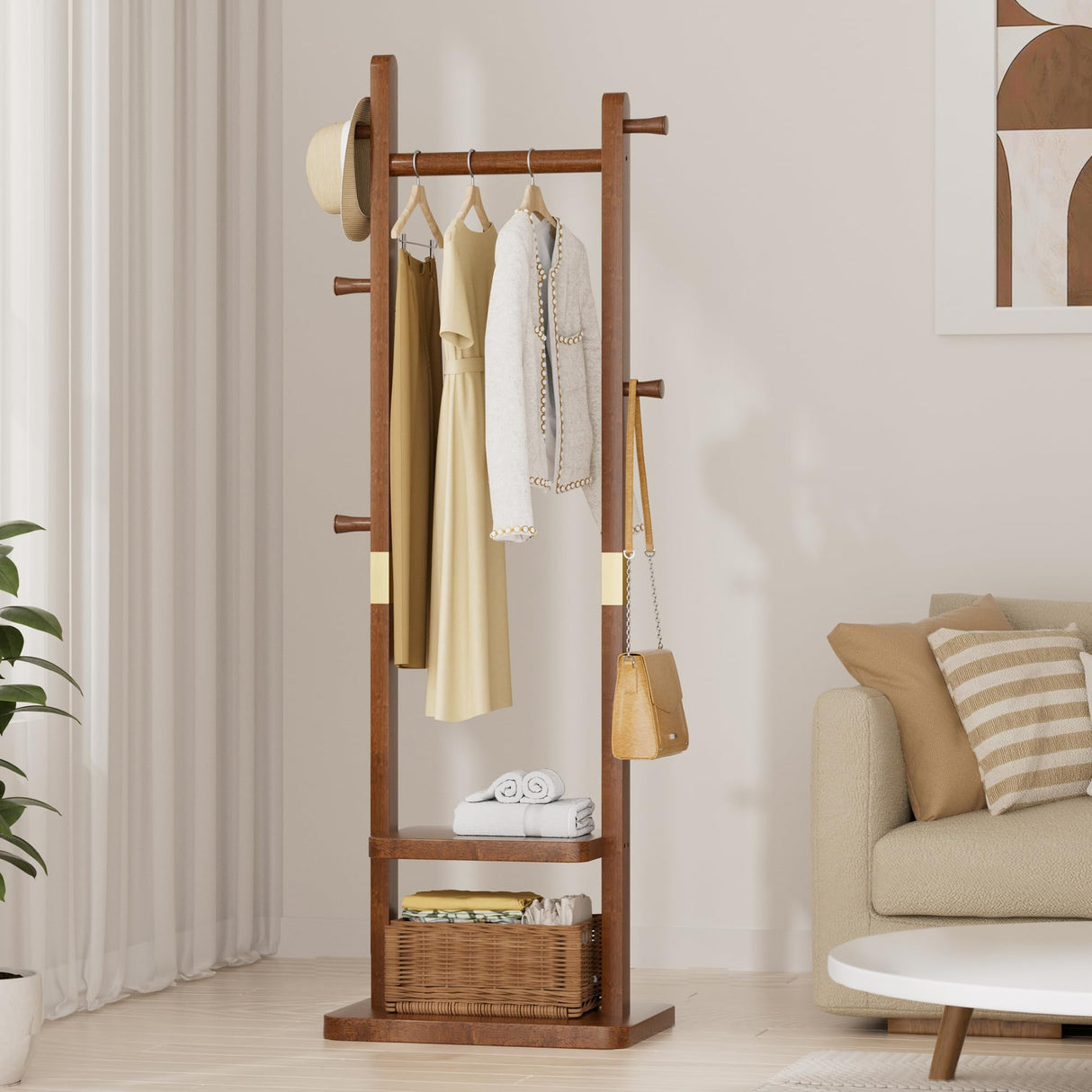 Taitiy Solid Wood Coat Rack Clothes Rack, Coat Rack Freestanding with 2 Shelves and 5 Hooks, Heavy Duty Coat Tree for Entryway, Living room, Coat Hanger Stand for Hats, Bags Clothes(Walnut Brown) Taitiy