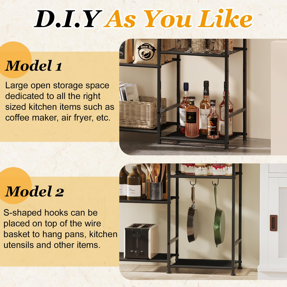 X-cosrack 60" Tall Bakers Racks for Kitchens, Microwave Stand, 4-Tiers Coffee Bar Table,with Adjustable Shelves and 6 S-Hooks,Open Shelf Storage, Kitchen Shelf for Spices, Pot Rack, Rustic Brown X-cosrack