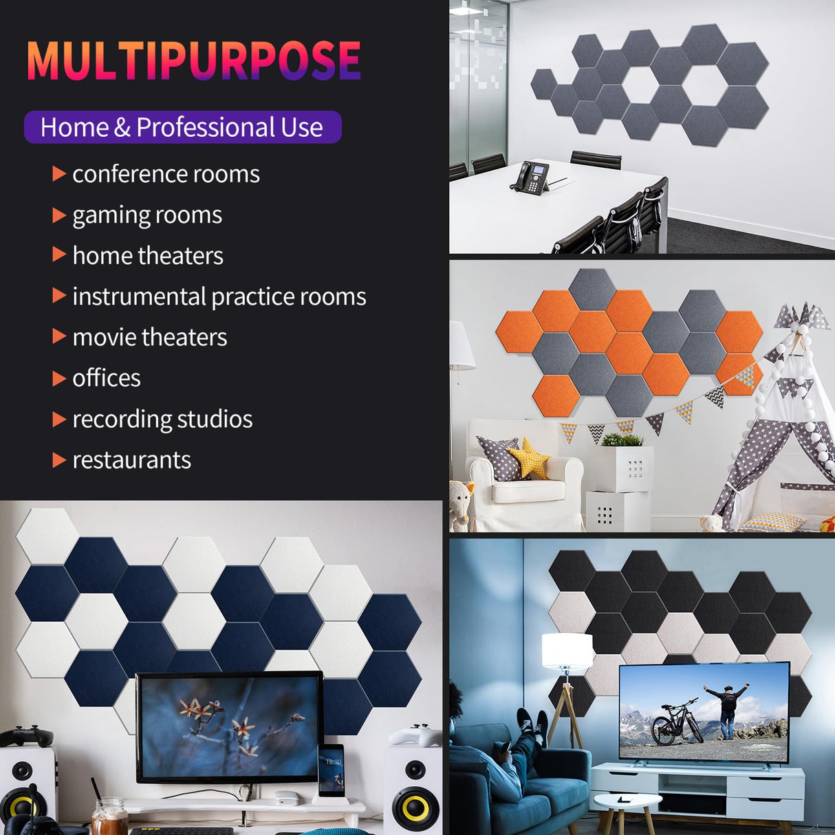 Mollywell Hexagon Acoustic Panels, High Density, Soundproofing, Decorative Noise Reduction Felt Wall Tiles for Ceilings, Home Office & Gaming Room (Black), 12x10x0.4 Inch Mollywell