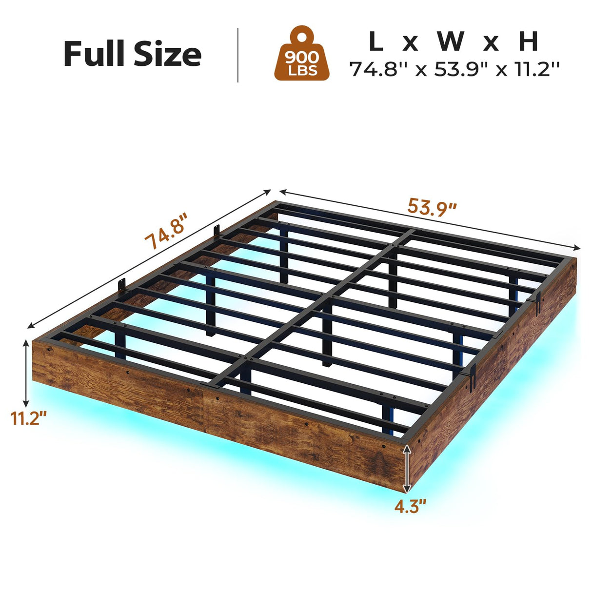 BTHFST Vintage Brown Floating Bed Frame with LED Lights – Industrial Metal & Wooden Full Platform Design, No Box Spring Required, Easy Assembly BTHFST