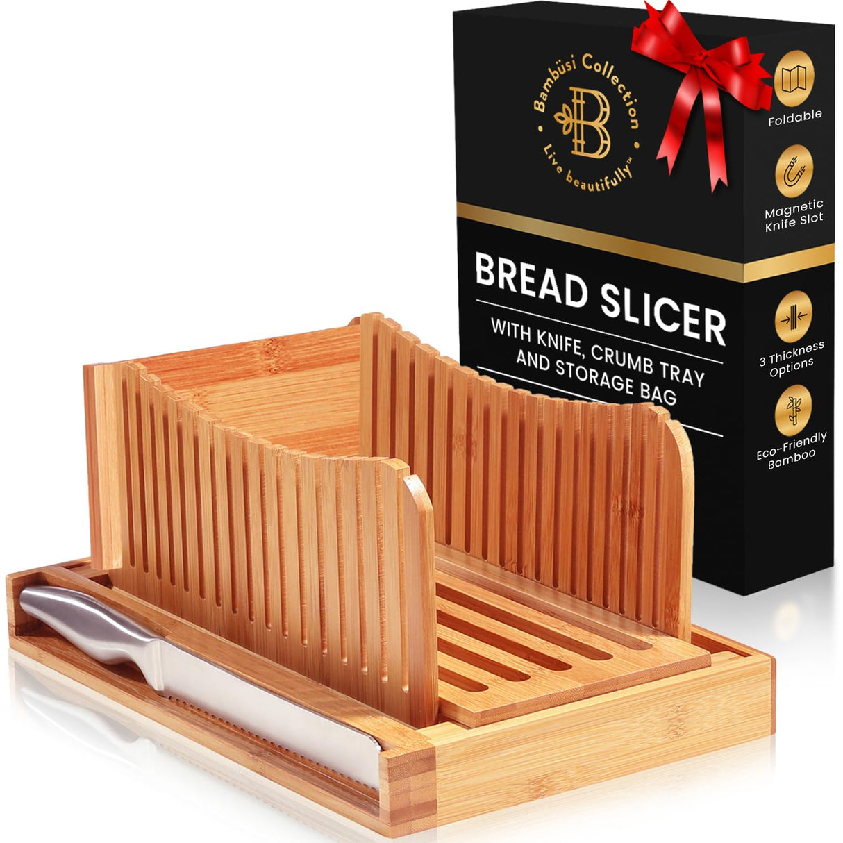 Bambüsi Bread Slicer for Homemade Bread - Bamboo Bread Cutter with Knife, Foldable Slicing Guide, Crumb Tray - Compact Bread Loaf Slicer for Cakes, Bagels, Loaves - Kitchen Gadget & Gifts Bambüsi