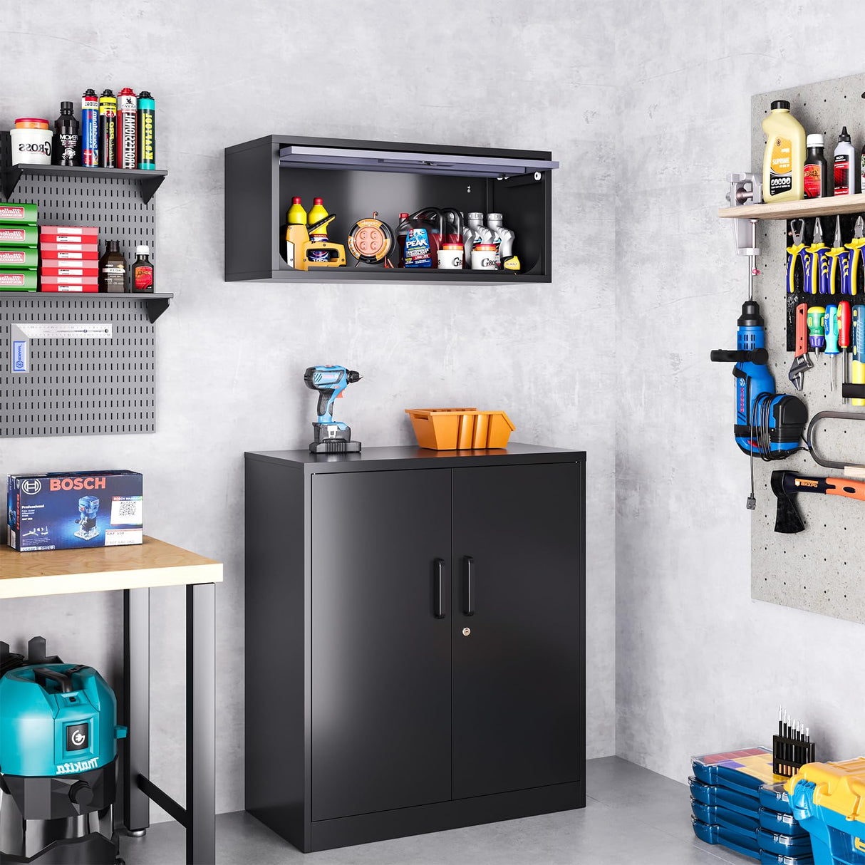 AFAIF Metal Wall Storage Cabinet, Wall-Mounted Garage Cabinet with Up-Flip Doors, Steel Small Floating Cabinets with Lock for Garage, Bathroom, Kitchen, Black and Grey AFAIF