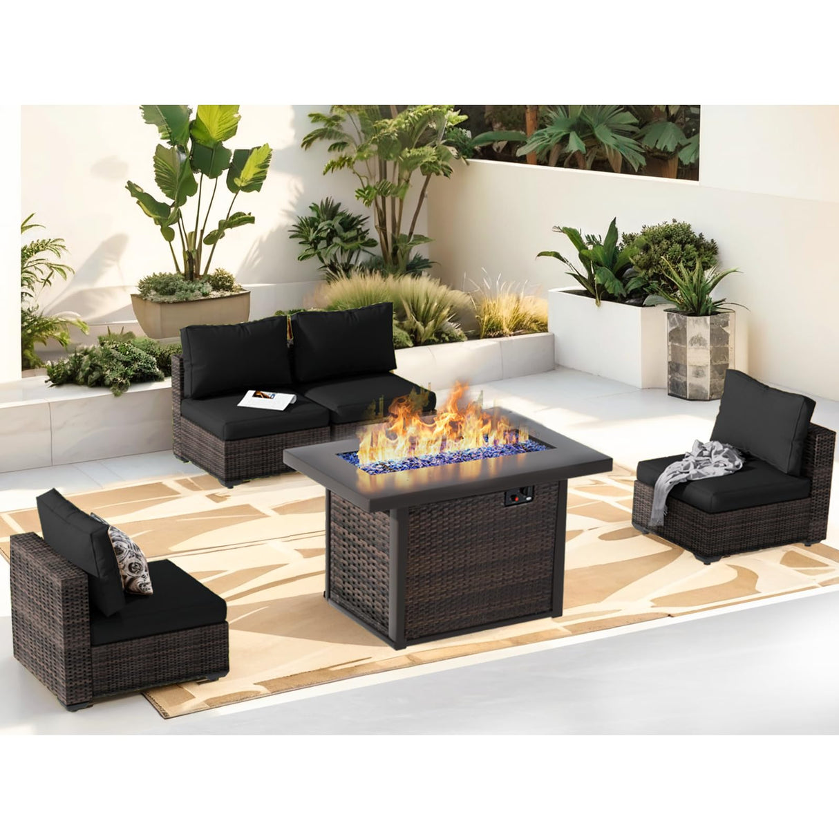Outdoor Sectional Furniture, 5 Piece Patio Furniture Set with 42-inch Fire Wicker Propane Fire Pit Table - All Weather Wicker Rattan Sofa Conversation Set for Backyard Lawn Poolside Deck, Black Grezone