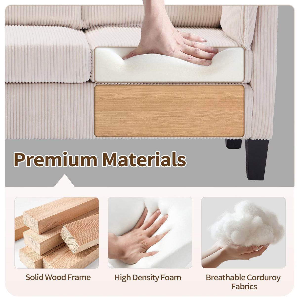 HAOMARKETS Modern Convertible L Shaped Sofa with Storage Ottoman,3-Seater Corduroy Fabric Couch with Reversible Chaise Lounge, Sectional Couches for Small Spaces, Living Room, Apartment, Beige HAOMARKETS