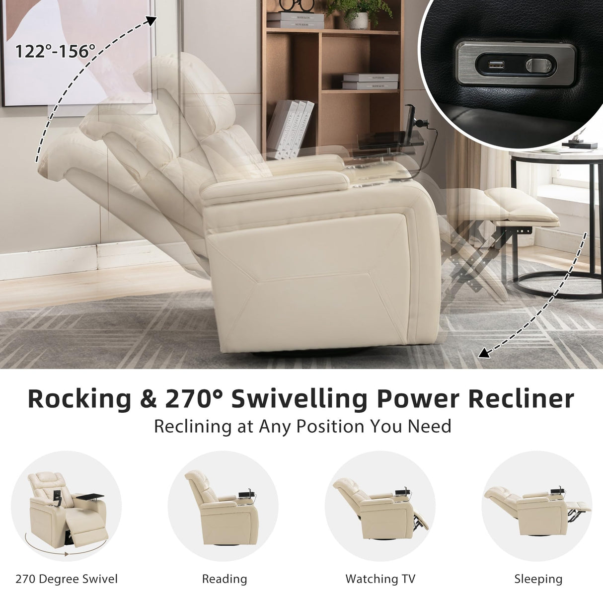 Merax 270 Degree Swivel PU Leather Power Recliner Individual Seat Home Theater Recliner with USB Port, Comforable Backrest, Cup Holder, Removable Tray Table, Hidden Arm Storage for Living Room, White Merax